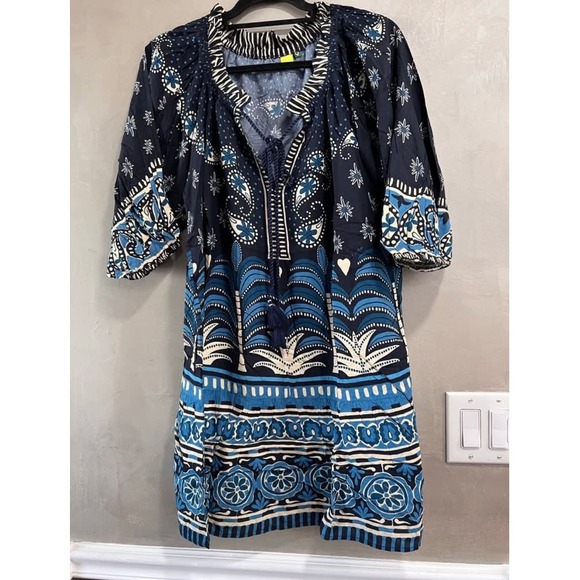 Farm Rio Paisley Floral Blue Palm Tree Mini Dress Brazil Large NEW - Picture 2 of 4